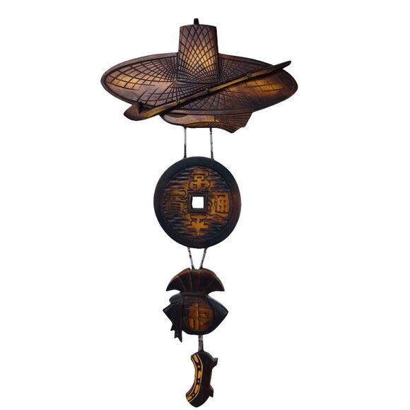 Vintage MCM Wood Asian Kiser Pipe Lucky Chinese Coin Money Bag Geta Wall Hanging - Picture 9 of 16